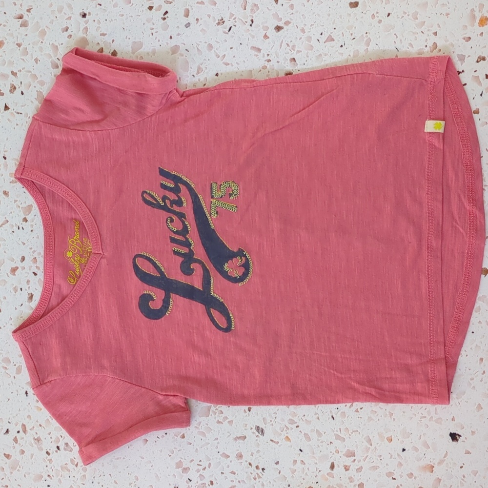 Lucky Brand | Graphic "Lucky" Print with Embroidery on Coral T-shirt | 5
